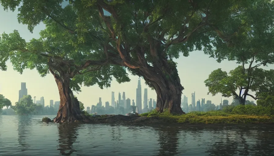 Image similar to new york city with a lake, beautiful ancient trees, hiding large treasure chest, serene evening atmosphere, soft lens, soft light, cel - shading, animation, in the style of cgsociety, deviantart, artstation, zbrush, cinema 4 d, studio ghibli, akihiko yoshida, atelier lulua, masamune shirow