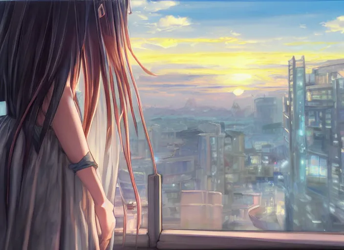 Image similar to anime girl in skirt looking out the window at megopolois and sunset, dynamic composition, motion, ultra-detailed, incredibly detailed, a lot of details, amazing fine details and brush strokes, colorful and grayish palette, smooth, HD semirealistic anime CG concept art digital painting, watercolor oil painting of Clean and detailed post-cyberpunk sci-fi close-up schoolgirl in asian city in style of cytus and deemo, blue flame, relaxing, calm and mysterious vibes,, by a Chinese artist at ArtStation, by Huang Guangjian, Fenghua Zhong, Ruan Jia, Xin Jin and Wei Chang. Realistic artwork of a Chinese videogame, gradients, gentle an harmonic grayish colors. set in half-life 2, Matrix, GITS, Blade Runner, Neotokyo Source, Syndicate(2012), dynamic composition, beautiful with eerie vibes, very inspirational, very stylish, with gradients, surrealistic, dystopia, postapocalyptic vibes, depth of field, mist, rich cinematic atmosphere, perfect digital art, mystical journey in strange world