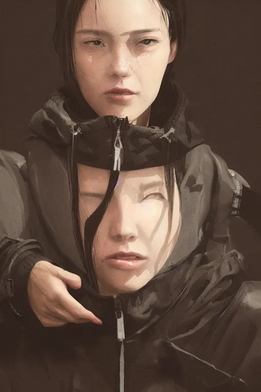 Image similar to A portrait of a women wearing a techwear hoody by Greg Rutkowski, Sung Choi, Mitchell Mohrhauser, Maciej Kuciara, Johnson Ting, Maxim Verehin, Peter Konig, Resident evil , 8k photorealistic, cinematic lighting, HD, high details, dramatic, atmospheric , trending on artstation