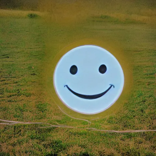 Image similar to a pastel colour Polaroid photo of large smiley face cut out of transparent neon iridescent perspex stood in a field, nostalgic