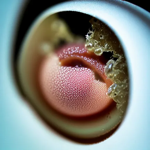 Prompt: macro photography extreme closeup of baby face hatching from cracked eggshell