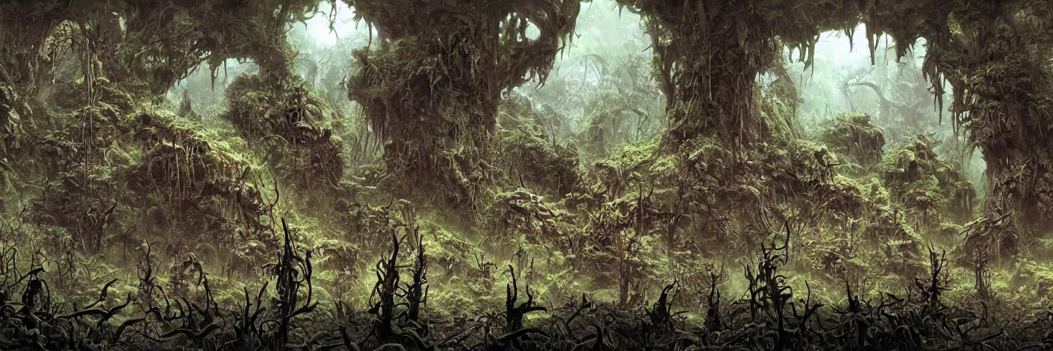 Prompt: underground cave on an exotic alien planet, dark jungle archways of antler trees in the background, weed overgrowth, insectile plants, demon faces, skulls, by ian miller, rodney matthews and artstation, photorealistic render