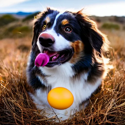 Image similar to photo of an Australian Shepherd balancing an egg on their head, award winning photography