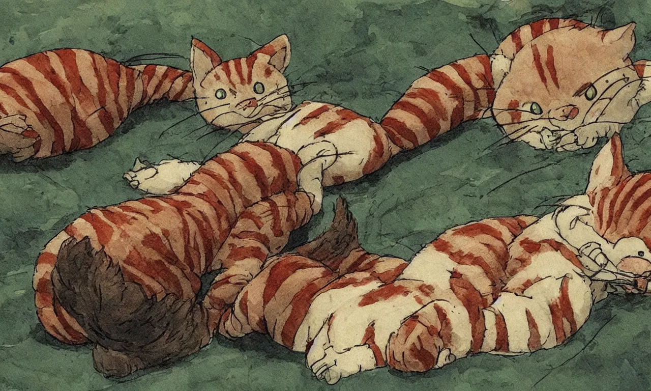 Prompt: Sleeping striped red tabby cat in my neighbor Totoro, concept art by Hayao Miyakaki, Studi Ghibli movie still, masterpiece, trending on ArtStation, masterpiede, stunning, beautiful, powerfull, award-winning