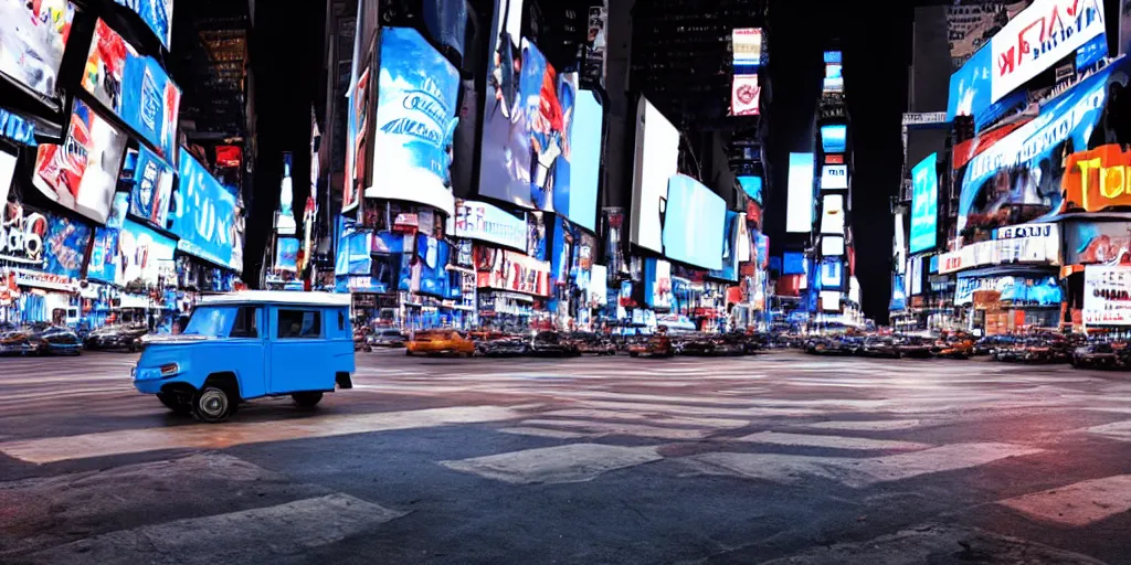 Image similar to a blue and white tuk tuk in Times Square at night, highly detailed, hazy, cloudy, intense neon lighting, matte painting, concept art, 4k