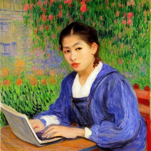 Prompt: philipino young woman with jeans overalls typing on laptop by monet