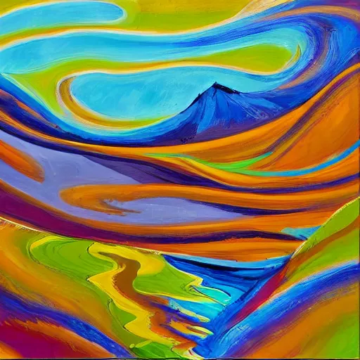 Image similar to a wild modernist landscape painting filled with energy patterns rippling in all directions, mountains, rushing water, saturated colors