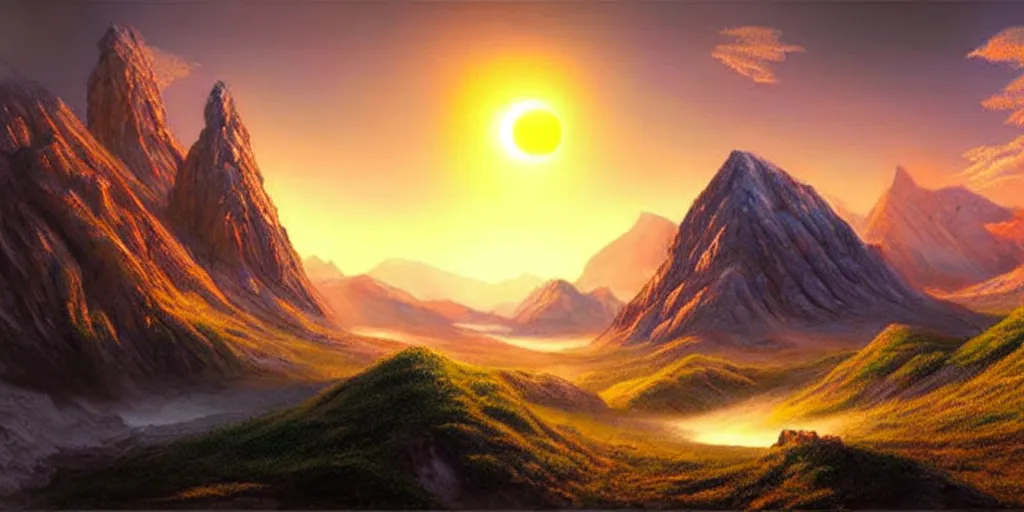 Prompt: a beautiful landscape, sun rises between two mountains, concept art by john stephans, extremely detailed, hyper realism