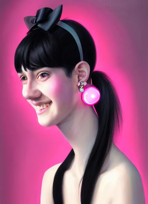 Image similar to portrait of teenage girl, realistic, black hair, bangs, half updo hairstyle, pointy nose, skinny, smile, ugly, defined jawline, big chin, pink hair bow, earrings, intricate, elegant, glowing lights, highly detailed, digital painting, artstation, sharp focus, illustration, art by wlop, mars ravelo and greg rutkowski