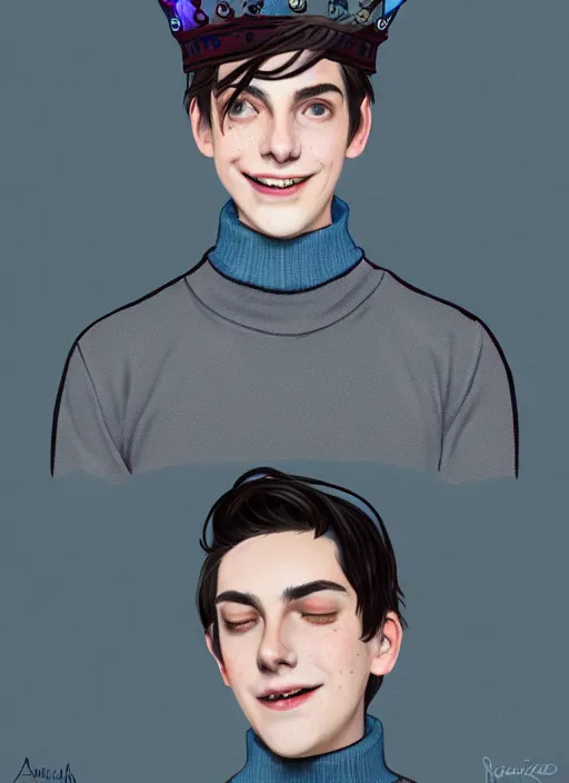 Image similar to portrait of teenage jughead jones wearing a light grey crown, crown, blue turtleneck, closed eyes, eyes closed, smile, crown, black hair, intricate, elegant, glowing lights, warm lighting, highly detailed, digital painting, artstation, concept art, smooth, sharp focus, illustration, art by wlop, mars ravelo and greg rutkowski