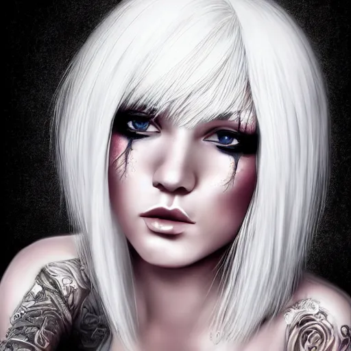 Young woman, white hair, emo makeup, wearing dress,, Stable Diffusion