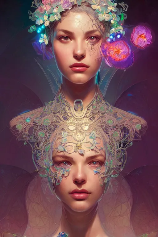Prompt: beautiful female android!, half portrait, neon flowers, intricate detailed environment, cell shaded, floro details, intricate, elegant, highly detailed, digital painting, artstation, concept art, smooth, sharp focus, illustration, art by artgerm and greg rutkowski and alphonse mucha