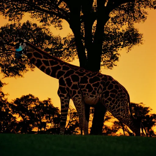 Image similar to a low angle photo of a cat giraffe hybrid, at the golden hour, sunset, sunrise, warm lighting, strongshadows, photo by slim aarons, award winning