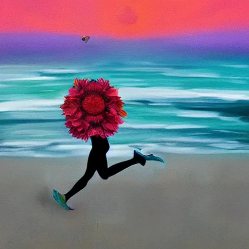 Image similar to portrait, giant rose flower head, woman running at the beach, surreal photography, sunrise, blue sky, dramatic light, impressionist painting, digital painting, artstation, simon stalenhag