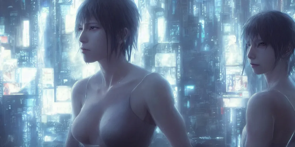 Prompt: a girl from final fantasy live action, movie still from ghost in the shell evocative, mystical night, very very very very detailed, award winning, masterpiece digital painting by greg rutkowski, alex grey, artstation, 4 k wallpaper