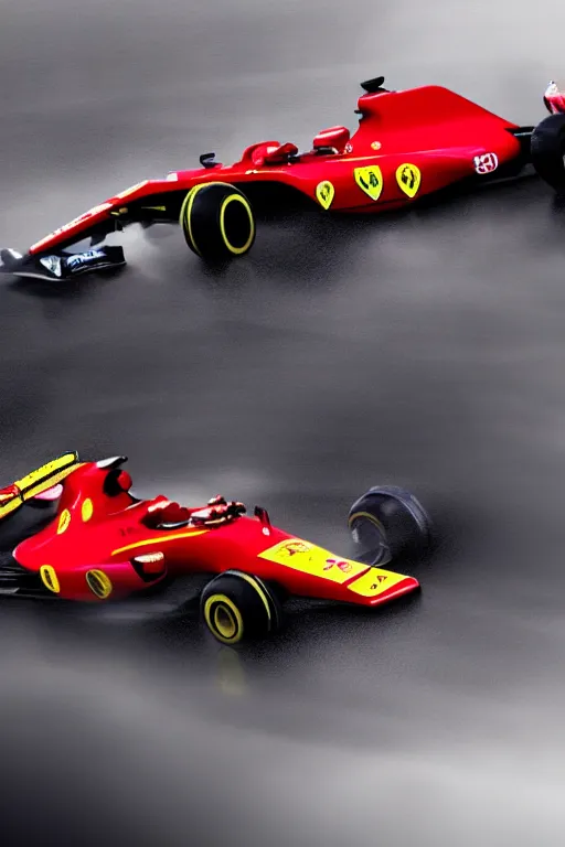 Image similar to wide angle shot of two formula 1 cars racing in the rain, ferrari, mercedes, 2012, octane render, trending on artstation, cgsociety, 4k