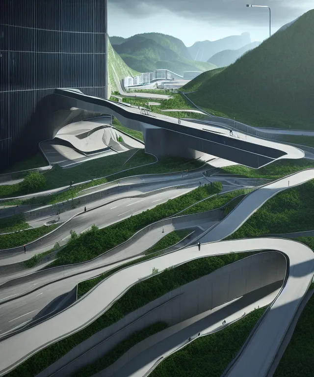 Image similar to denis villeneuve establishing shot of modern bjarke ingels condo building and gotthard tunnel entrance combined, roads tunnel under bjarke ingels condo building, lush nature environment, beautiful lighting, scifi artstation digital concept art, unreal engine, hyper realism, realistic shading, cinematic composition, blender render, octane render, wide shot