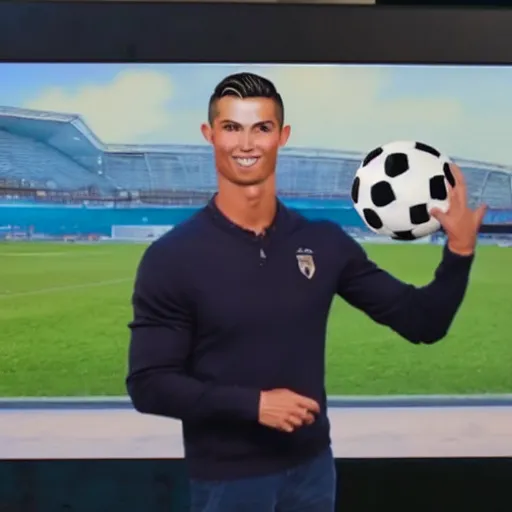 Image similar to a still from the antiques roadshow, cristiano ronaldo with a priceless soccer ball, uhd, 8k,