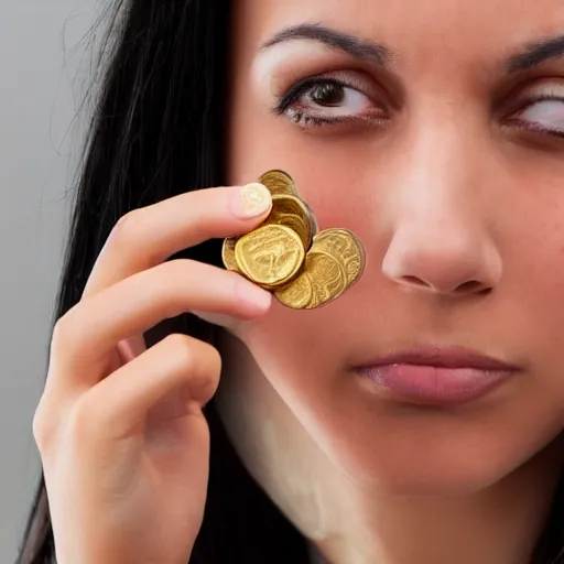 Prompt: woman looking at gold coin, worried, bokeh, portrait photograph