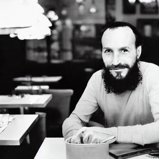 Prompt: photo from the year 1 9 9 1 of a frenchman from france seated in a restaurant. 5 0 mm, studio lighting