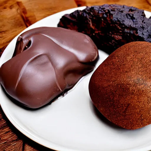 Prompt: chocolate and meat and rocks on a plate