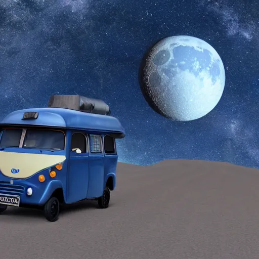 Prompt: a dark blue tuk tuk flying across the universe, hard science fiction, milky way, moon, matte painting, concept art, 4k