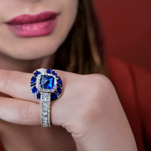 Image similar to wife wearing a ring with stunning 7 6 0 carat diamond adorned with blue sapphires