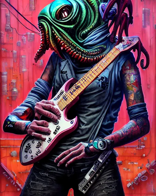 Image similar to a portrait of an anthropomorphic cyberpunk cthulhu shredding an electric guitar by sandra chevrier, by jon foster, detailed render, tape deck, epic composition, cybernetics, 4 k realistic, cryengine, realistic shaded lighting, sharp focus, masterpiece, by enki bilal