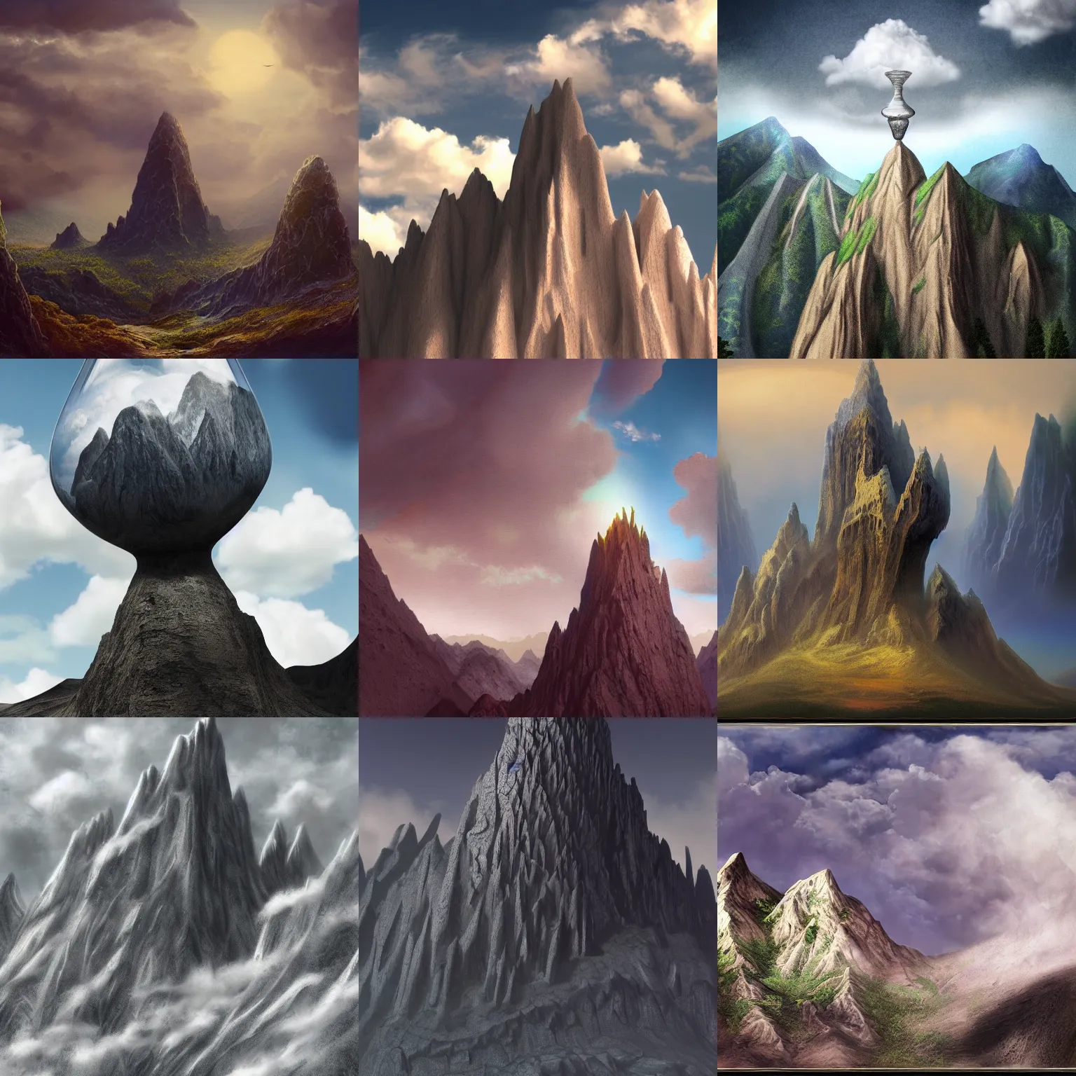 Prompt: enormous giants goblet reaching into the clouds, tiny mountains at the base of goblet, matte painting