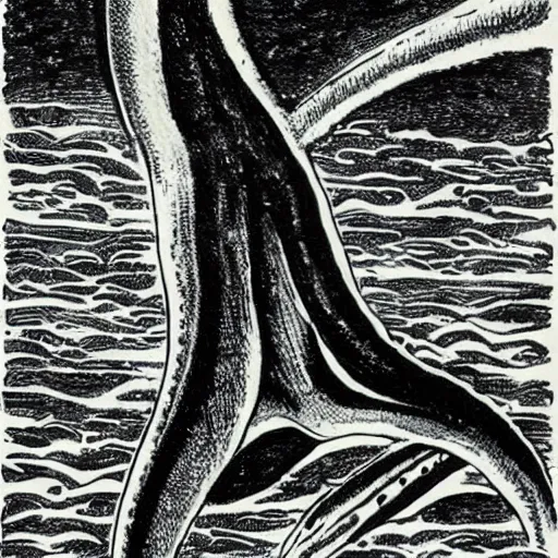 Image similar to drawing of a giant squid attacking a spaceship above an alien landscape, vintage sci-fi, nineteen seventies, pulp style, highly detailed, by Roland Topor