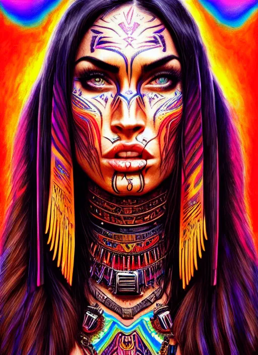 Image similar to portrait of megan fox, hyper detailed ultra sharp aztec shaman warrior. trending on artstation, warpaint aesthetic, bloodwave, colorful, psychedelic, ornate, intricate, digital painting, concept art, smooth, sharp focus, illustration, art by artgerm and greg rutkowski and h. r. giger, 8 k