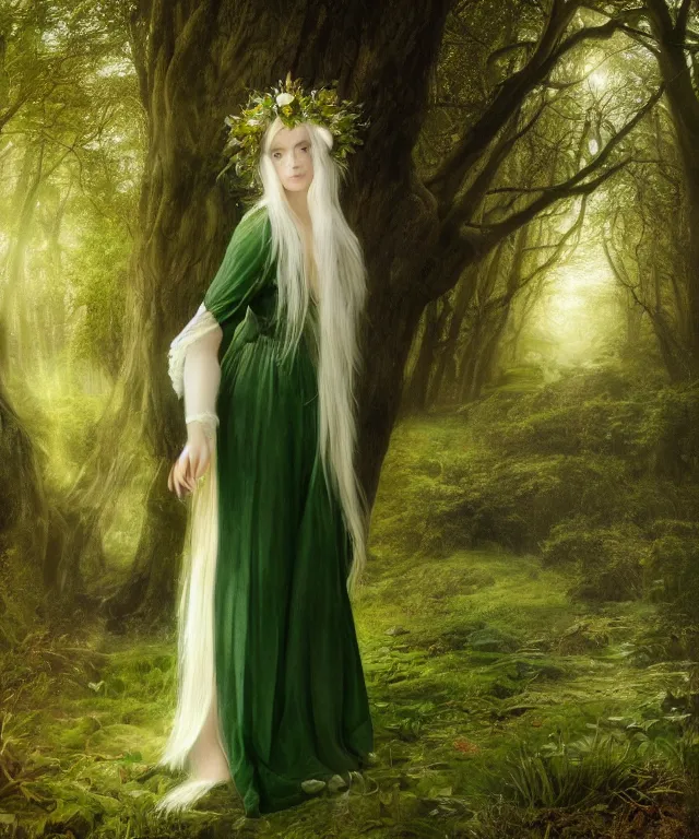 Prompt: young beautiful fey druid woman, full body portrait, white hair, flower crown, dark green robes, intricate, standing in a dark forest, sunbeams, in style of john everett millais