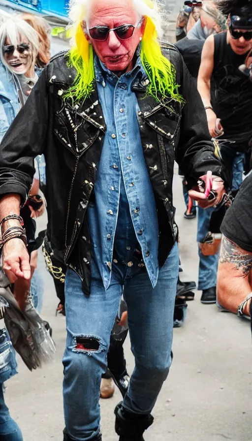 Prompt: Famous heavy metal glam rocker Bernie Sanders with a neon mohawk, ripped denim jacket and lots of jewelry