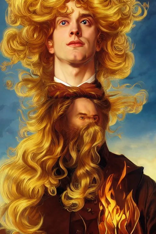 Image similar to Lucius as a demigod of scintillating radiance, long fluffy blond curly hair, wreathed in magnificent flames, oil on canvas, golden hour, artstation, by J. C. Leyendecker and Peter Paul Rubens