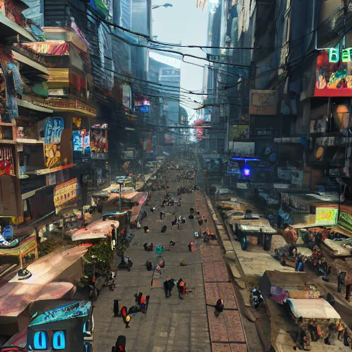 Prompt: crowded streets of manila turned cyberpunk filled with poverty, beggars and crime, deppresing image, unreal engine, artstation hd