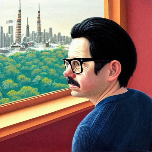 Image similar to An Oil Painting of the back view of Rivers Cuomo in a sweater with long hair and a mustache sweating bullets as he looks outside his window in front of him in his apartment to see kim jong un's nukes falling onto the city, hyperrealistic, extremely realistic, highly realistic, HD Quality, 4k resolution, 8k resolution, Detailed, Very Detailed, Highly Detailed, Extremely Detailed, Intricate Details, Real, Very Real, Oil Painting, Digital Painting, Painting, Trending on Deviantart, Trending on Artstation