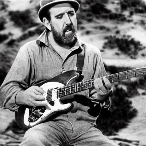 Prompt: wide - shot of roy buchanan playing his telecaster for an audience of lizard people on an alien planet, photorealistic