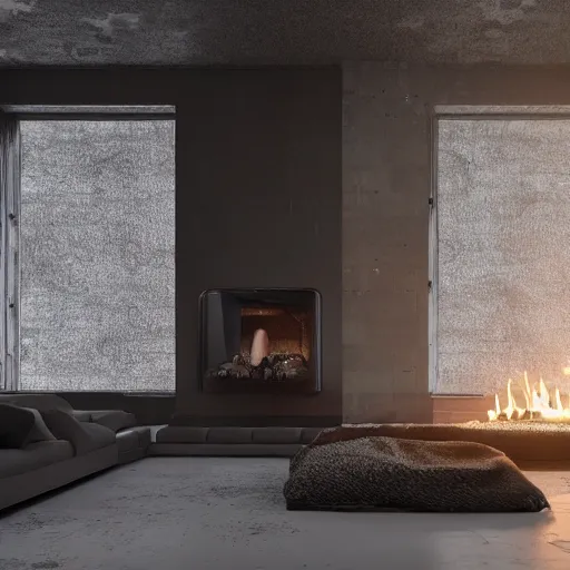 Image similar to cosy fireplace, modern home design interior, living room with couches, octane render, hyperrealistic, concrete archetecture, vray, volumetric lighting, cinema 4 d, unreal engine