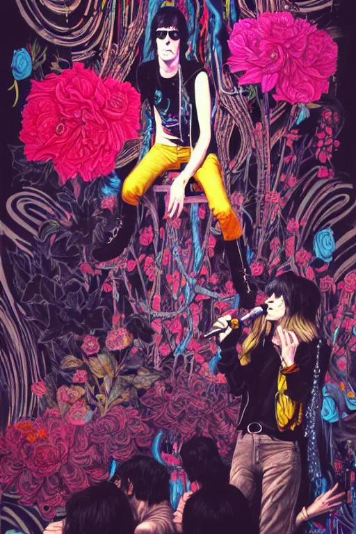 Prompt: the velvet underground and nico playing live on stage at a night club, beautiful stage decoration with flowers in the background, painting by james jean, very detailed and colorful and toned down and ornamental and moody and cool and relaxed and high on drugs, trending on artstation, behance contest winner