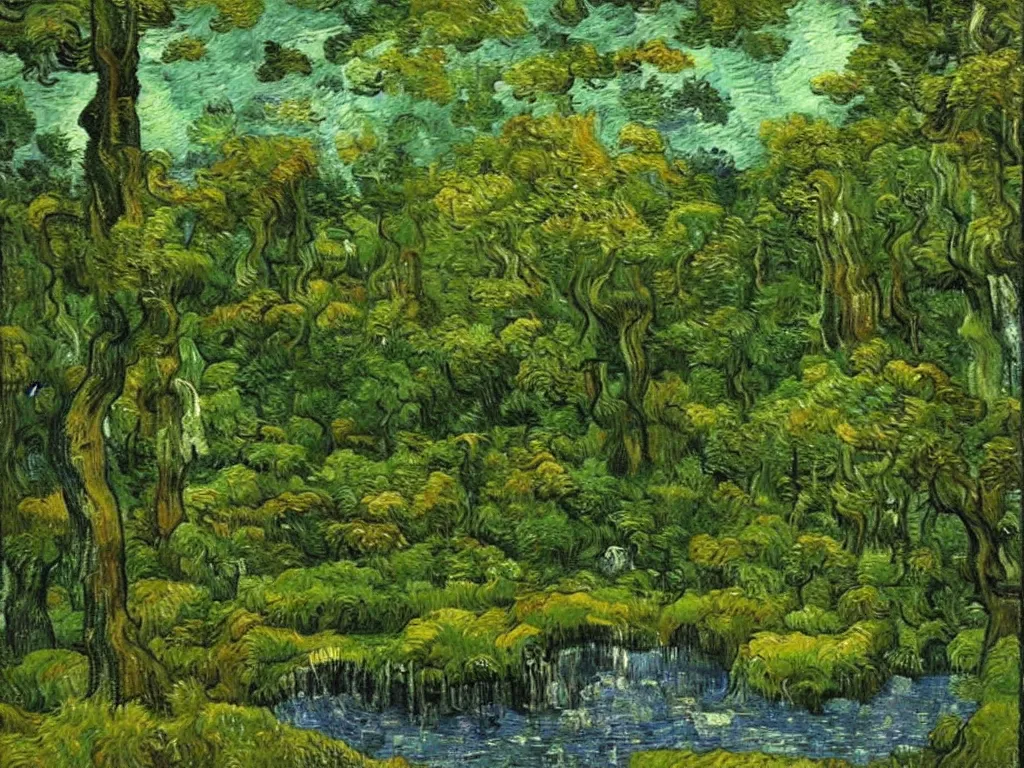 Prompt: a waterfall in a forest full of mossy stones, oil painting, van gogh, outstandingly beautiful