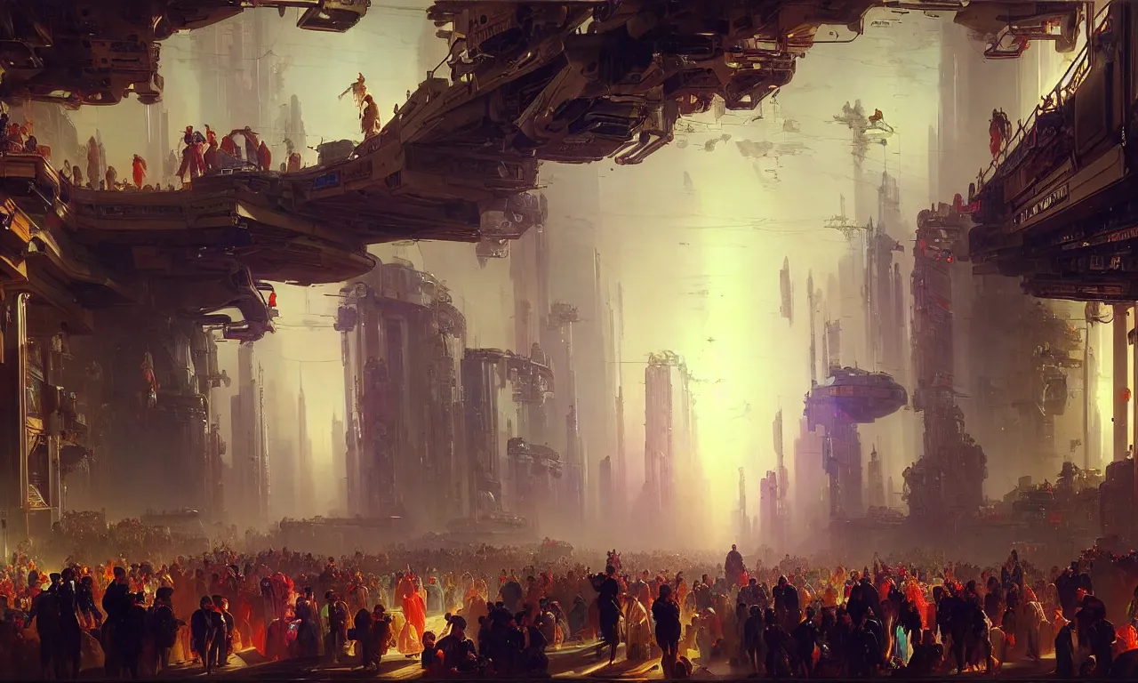 Prompt: beautiful painting of the inside of futuristic cyberpunk city, by franz xaver winterhalter, crowds of people, ultra detailed, bright, morning fog