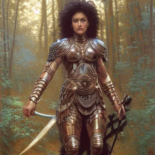 Prompt: a detailed, beautiful oil painting of a warrior woman who looks like keisha castle hughes, wearing intricate, etched copper armor in an ancient forest, by michael whelan, donato giancola, and william adolphe bouguereau