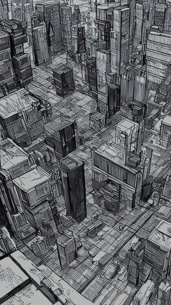 Prompt: detailed cyberpunk graphic novel style 3 point perspective view of a future city