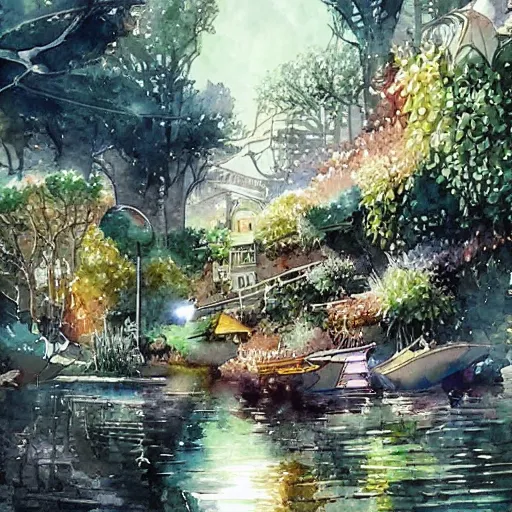 Prompt: Beautiful happy picturesque charming sci-fi town in harmony with nature. Beautiful light. Water and plants. Nice colour scheme, soft warm colour. Beautiful detailed watercolor by Lurid. (2022)