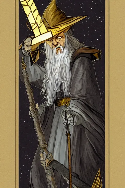 Prompt: tarot illustration of gandalf as the magician by artstation