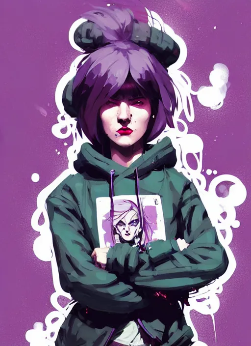 Image similar to highly detailed portrait of a sewer punk lady student, blue eyes, tartan hoodie, white hair by atey ghailan, by greg rutkowski, by greg tocchini, by james gilleard, by joe fenton, by kaethe butcher, gradient purple, black, brown and pink color scheme, grunge aesthetic!!! ( ( graffiti tag wall background ) )