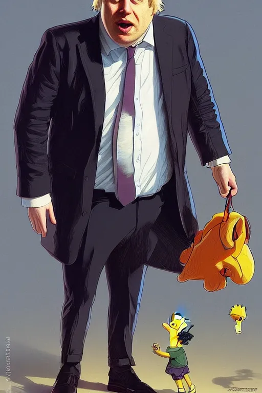 Image similar to Boris Johnson as a Simpsons character, realistic portrait, symmetrical, highly detailed, digital painting, artstation, concept art, smooth, sharp focus, illustration, cinematic lighting, art by artgerm and greg rutkowski and alphonse mucha