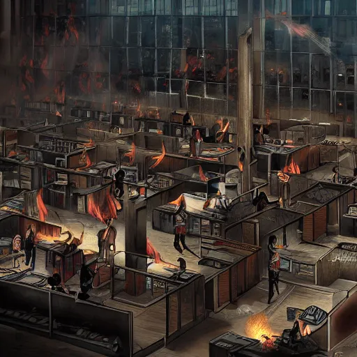 Image similar to a nightmarish office call centre with all the workers on fire. highly detailed. intricate ink and matte painting