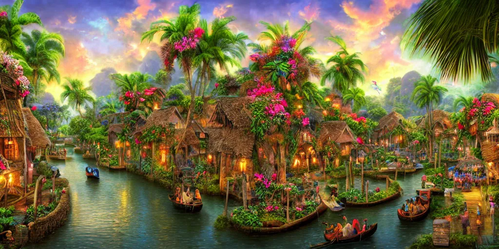 Prompt: canal village in a tropical eastern waterfall valley, with great birds and flowerbeds, lush wildlife, ancient ruins, fantasy, precise and incredibly highly detailed intricate 8 k wallpaper, john stephens, lisa frank, tim white, rococo, hr giger, krenz cushart, long shot dramatic lighting, crisp vibrant colorful and intricate stunning award winning masterpiece trending on artstation beautiful