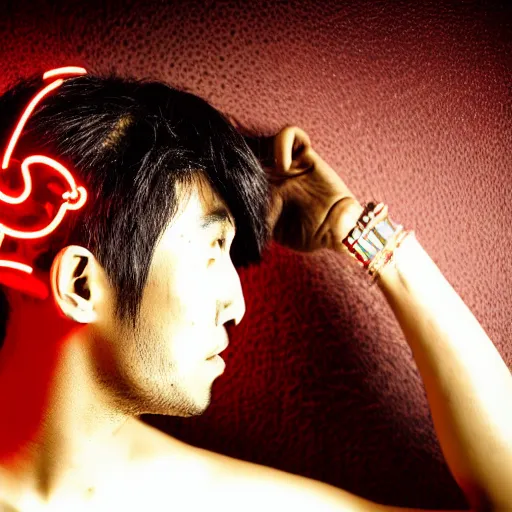 Image similar to profile of a beautiful! male with red mechanical! eye, neon glowing dark background by Tomohiro Suzuki